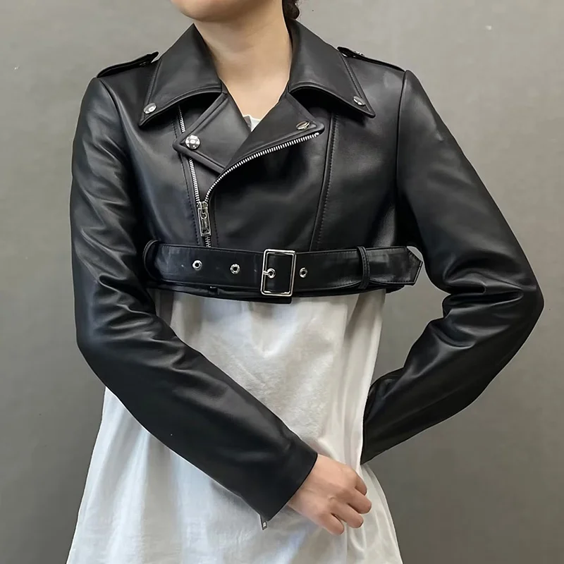 Jancoco Fashion Motorcycle Leather Coat Women Black Cropped Real Sheepskin Leather Jacket