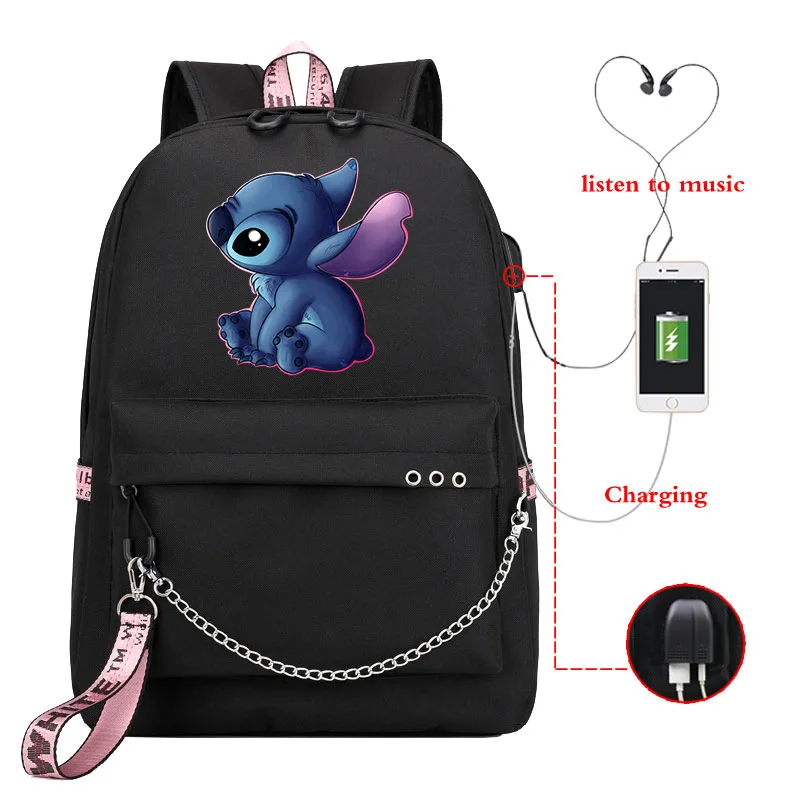 

Disney Stitch Bag Zipper USB Charging Mochila Capacity Backpack Women Kpop School Bags for Teenage Girls Students