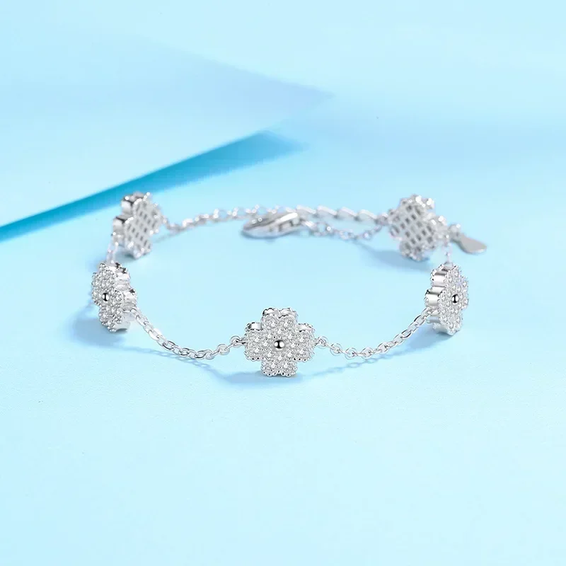 

GRA Certified Lucky Clover Moissanite Bracelets for Women, Sparkling Five Flowers Luxury Chain PT950 Jewelry Lady Birthday Gift