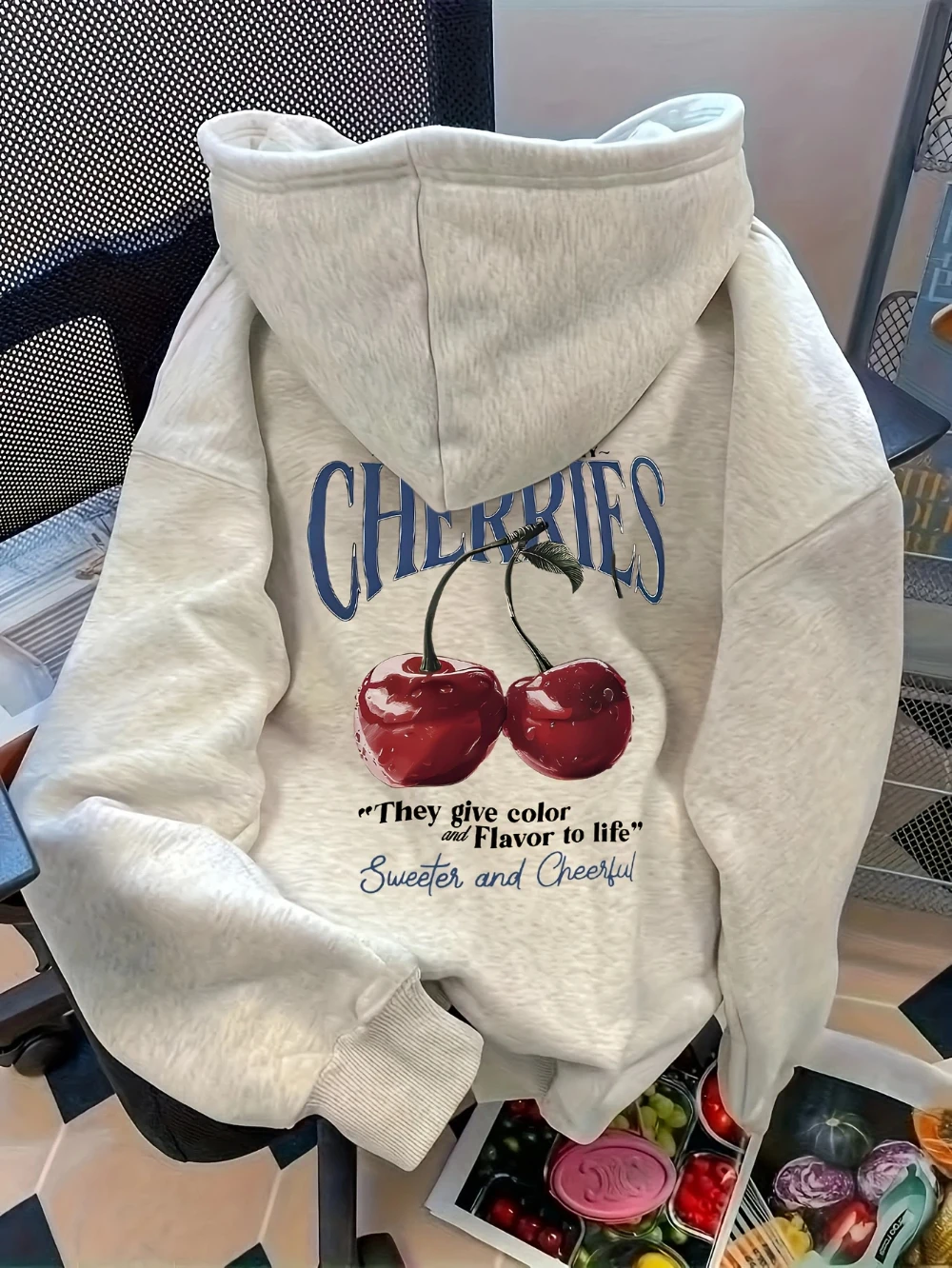 Unisex Cherry Hoodie Vintage Letter Graphic Back Print Oversized Sweatshirt Korean Style Casual Streetwear