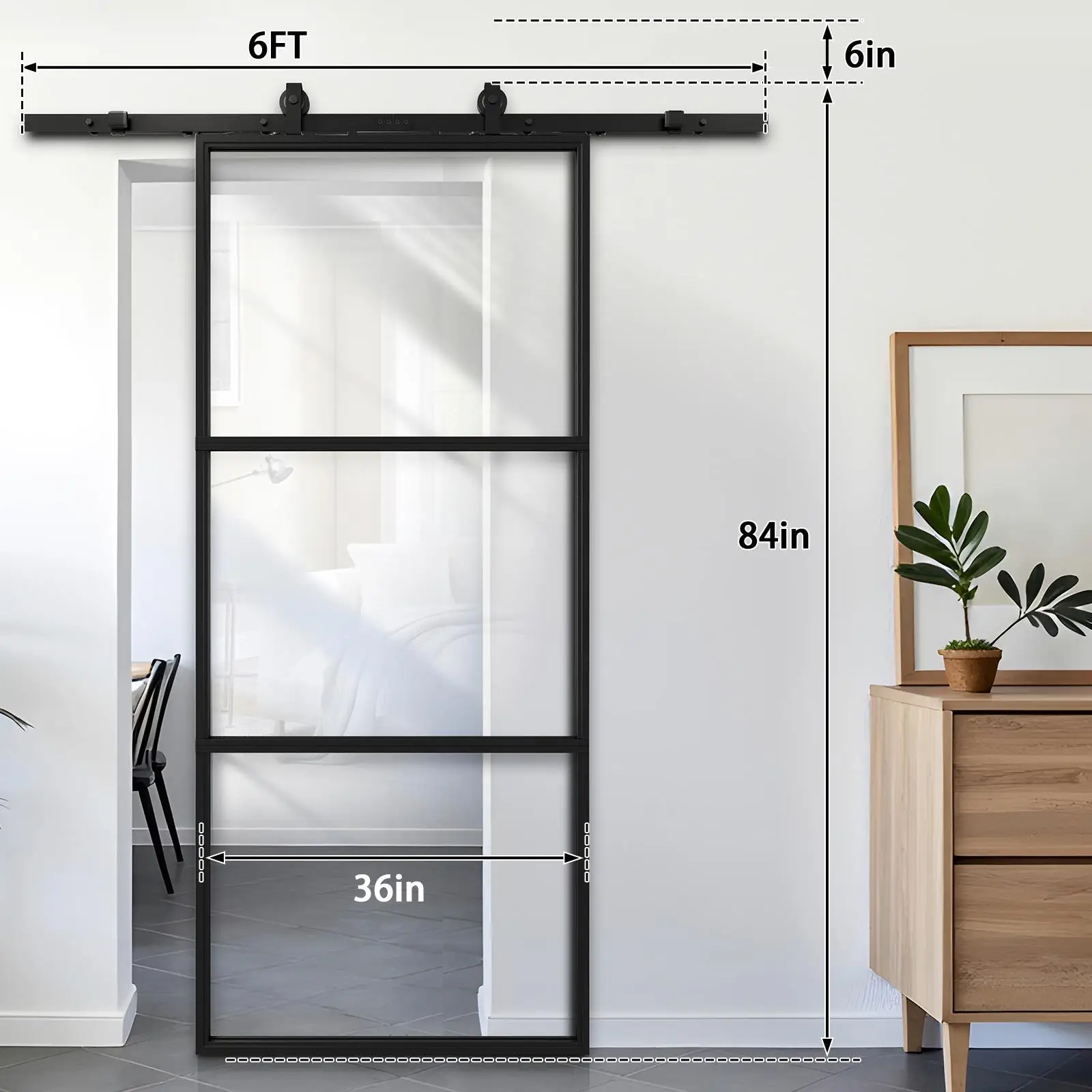 36 in. x 84 in. Glass Sliding Barn Door with 6FT Barn Door Hardware Kit & Soft Close Mechanism，Interior Clear Glass Black