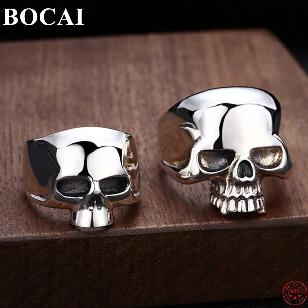 BOCAI S925 Sterling Silver Charms Rings for Men Women New Popular Simple Smooth Skull-head Punk Jewelry