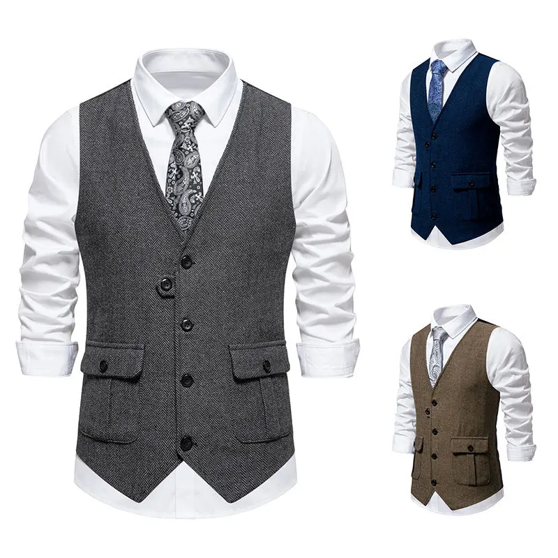 2024 New European Men's Herringbone Suit Vest Retro V-neck European Slim Fit Casual Vest Trendy Men