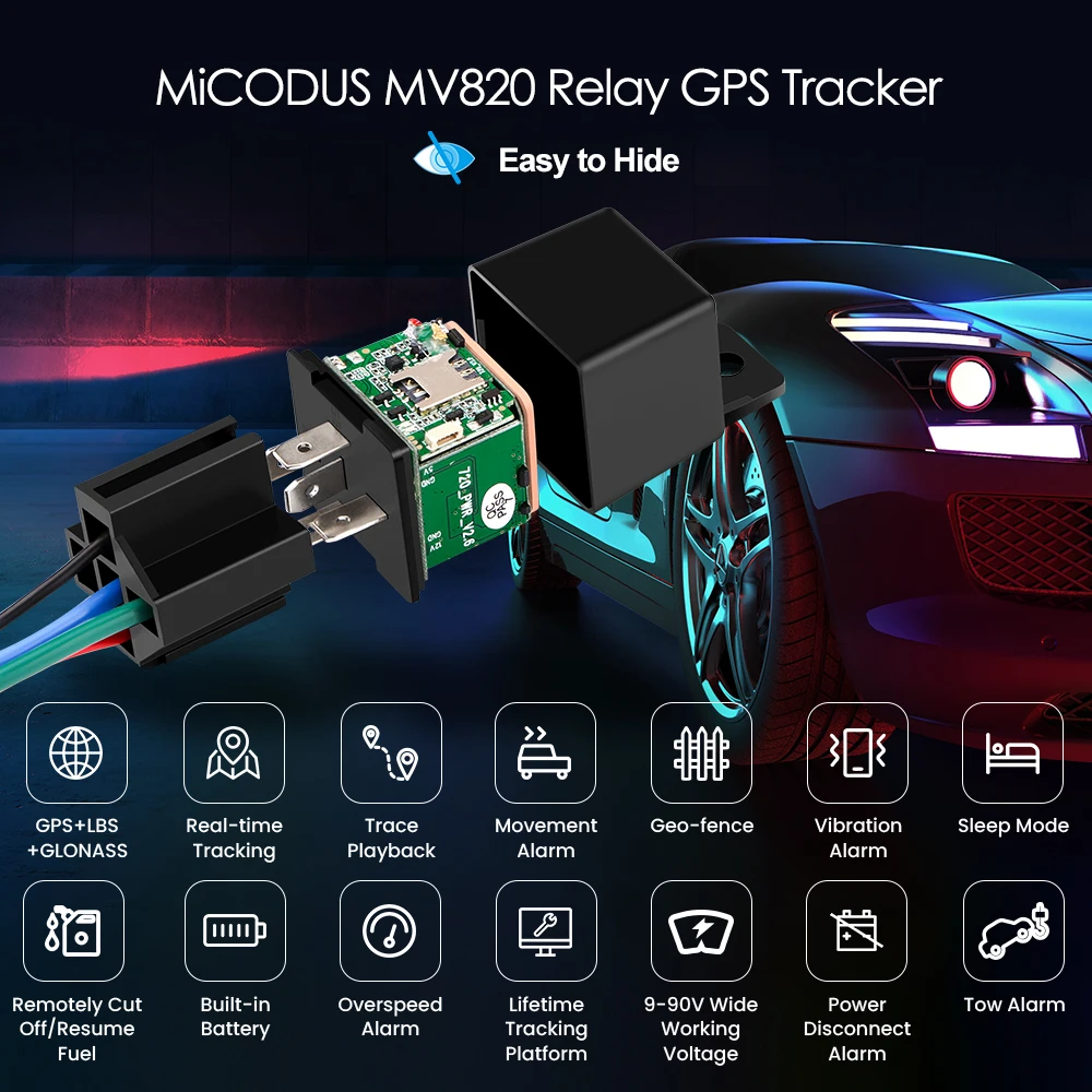 MiCODUS-Mini Relé GPS Tracker para carro, cortar combustível, faixa em tempo real, vibrar alerta, aplicativo gratuito, MV720, 9-90V