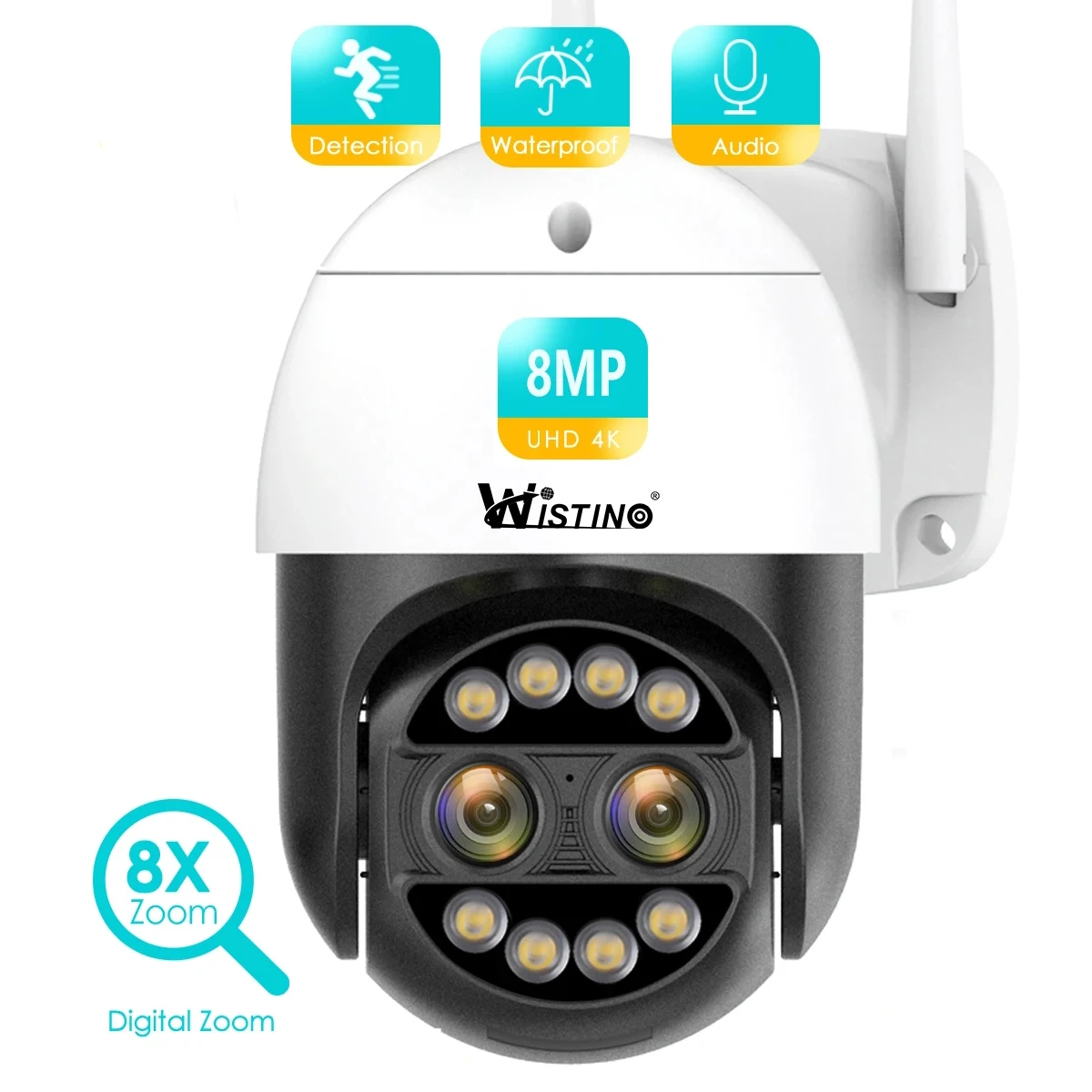 

Wistino 8MP 4K 8x Hybrid Zoom 2.8+12mm Dual Lens PTZ IP Camera WiFi Human Detection 4MP Audio Security Video Surveillance Camera