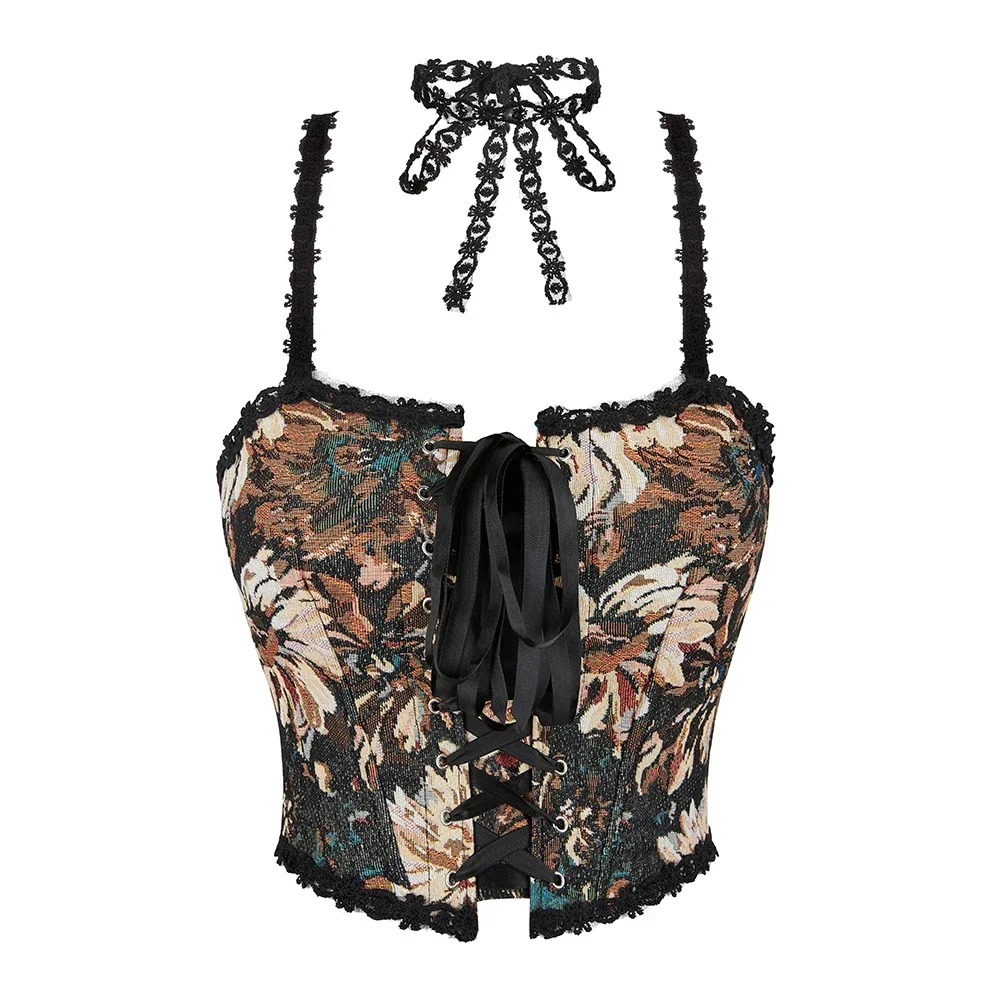 

Women Sexy Corsets Crop Tops Print Patchwork Bustier Tanks Elegant Camisole with Straps Drop