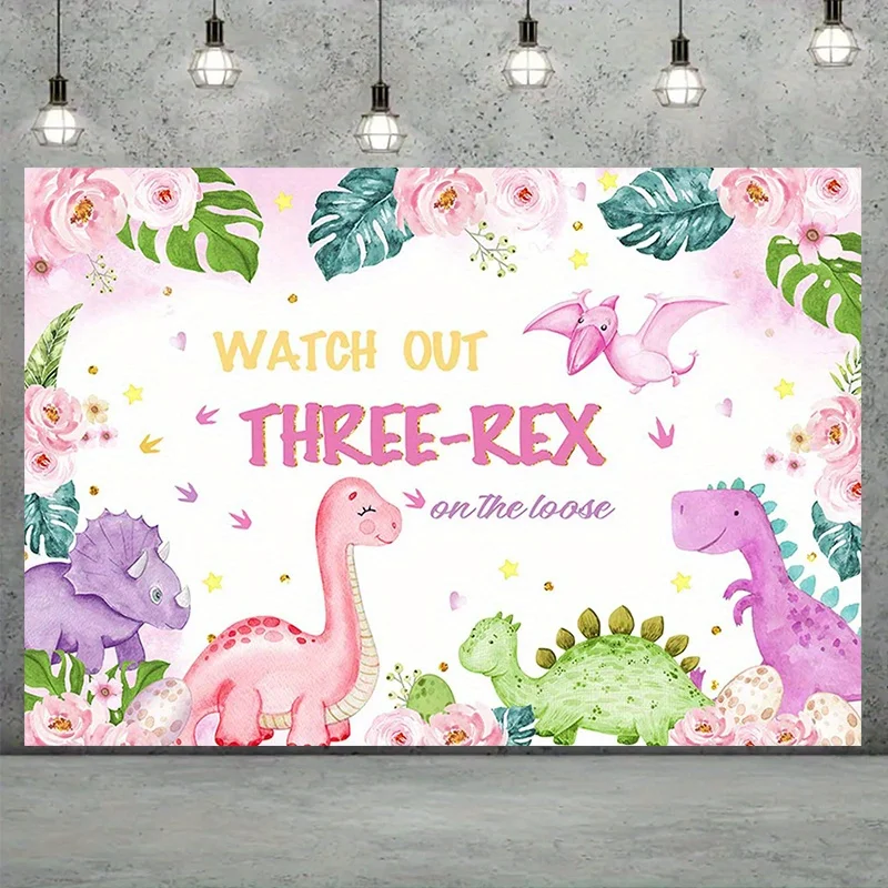1. Hintergrund für den 3. Geburtstag – „Beware of the Three-Headed Dragon Escape“, rosa Blumen- und Dschungel-Dinosaurier-Design, Polyester