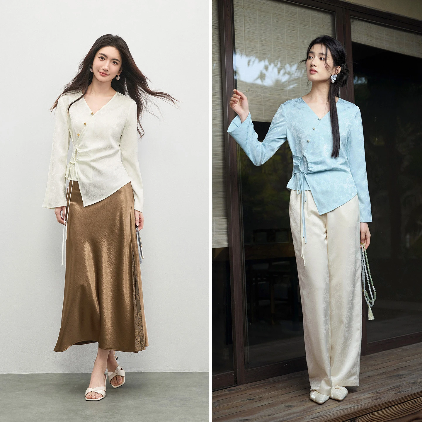 

Женская шифоновая блузка SENTUBILA 2026 с асимметричным подолом, V-образным вырезом, завязками на талии, жаккардовая, весенняя новинка, в китайском стиле, топ 161VG4799