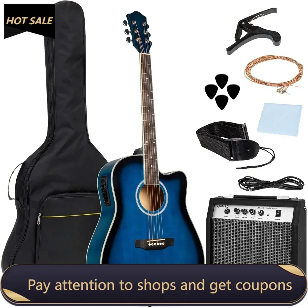 Beginner Acoustic Electric Guitar Starter Set w/ 41in, All Wood Cutaway Design, Case, Strap, Picks - Blue Freight free