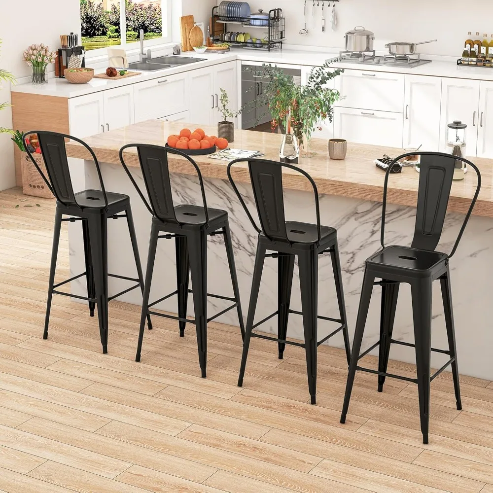 Ensemble de 4 tabourets de bar en métal, avec dossier amovible, tabourets de bar à hauteur avec pieds en caoutchouc, chaises élégantes et modernes, pour la cuisine.