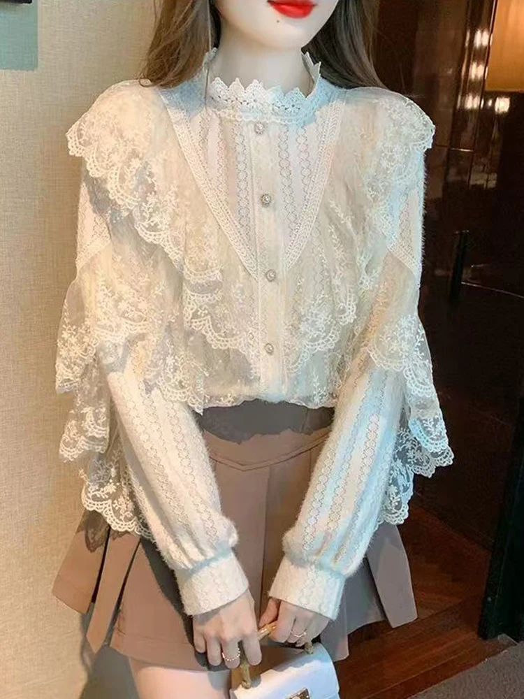 

Женская блузка с рюшами и кружевом в стиле пэчворк, весенняя, элегантная, для офиса, с воротником-стойкой, в корейском стиле, роскошная, с длинным рукавом, универсальная