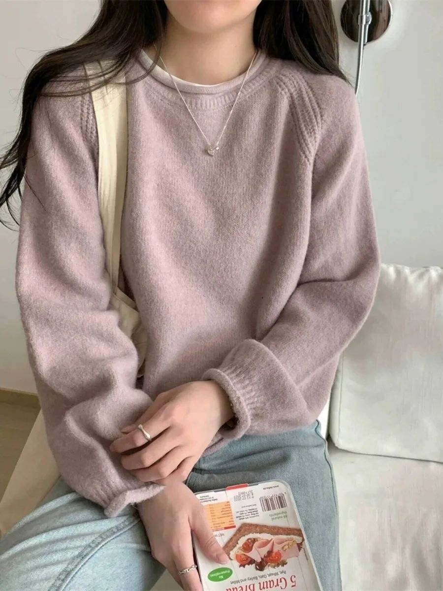 

Свободный повседневный вязаный свитер Long Sve, женский осенний новый Sle, корейская версия, мягкий, удобный, ленивый, фиолетовый