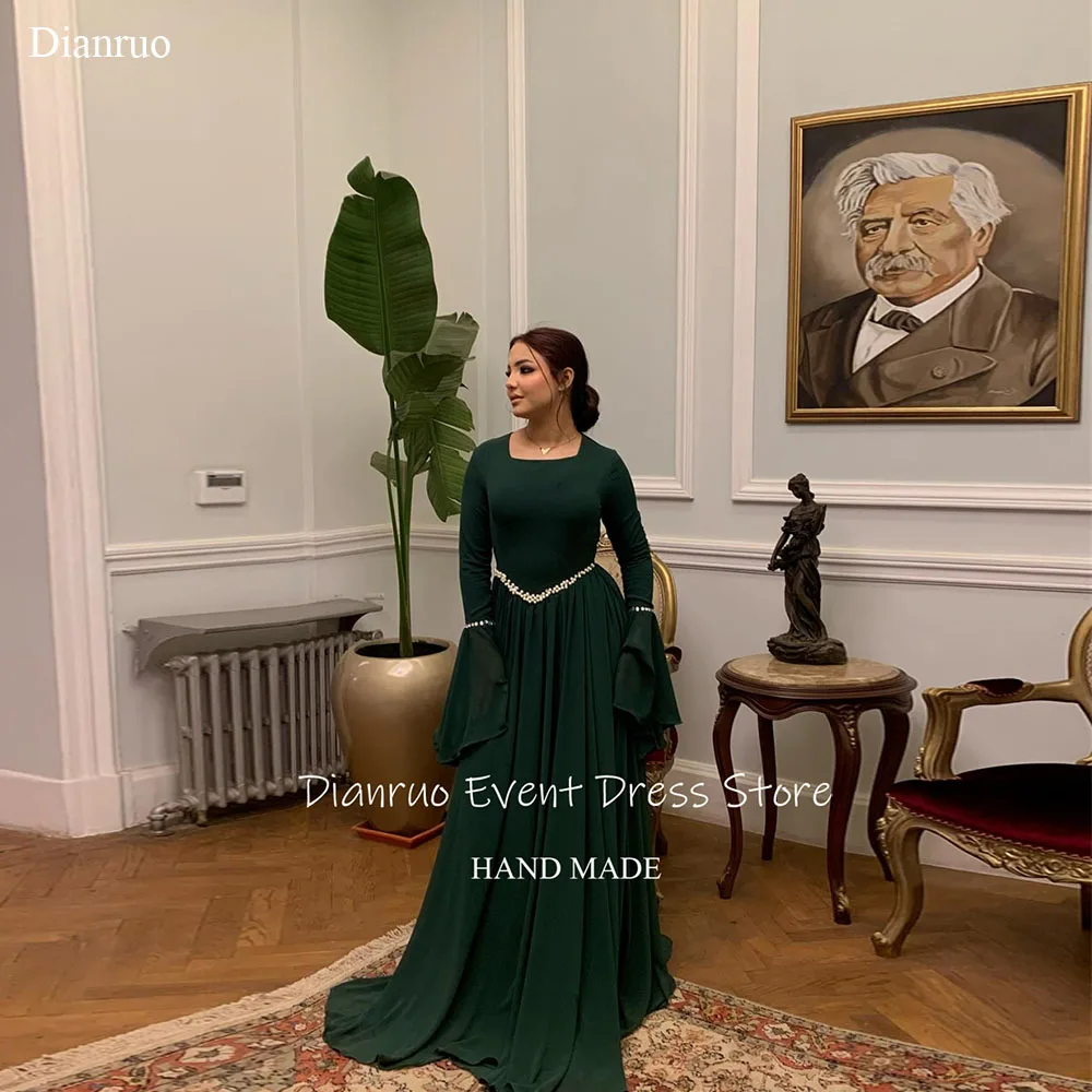 

Dianruo плиссированное вечернее платье с расклешенными рукавами-колокольчиками, шифоновое вечернее платье в Саудовской Аравии, изумрудно-зеленое мусульманское свадебное платье для гостей по индивидуальному заказу