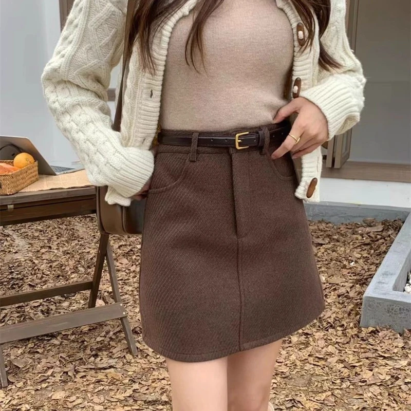 

Woolen Midi Skirt Women's Autumn Winter New Versatile High Waist Slimming A-line Wrapped Hip Retro Spicy Girl Thick Short Skirt