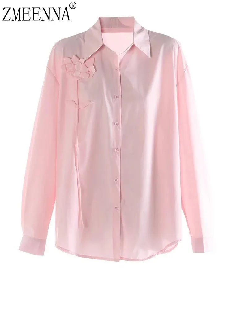 

ZMEENNA Women's Pink Button Down Shirt With 3D Flower Embellishment Long Sleeve Collared Blouse Loose Fit Casual Top ZM3271