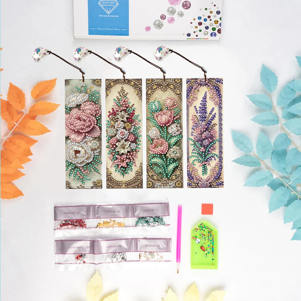 

4Pcs Vintage Flowers DIY Diamond Painting Bookmark for Reading Enthusiasts