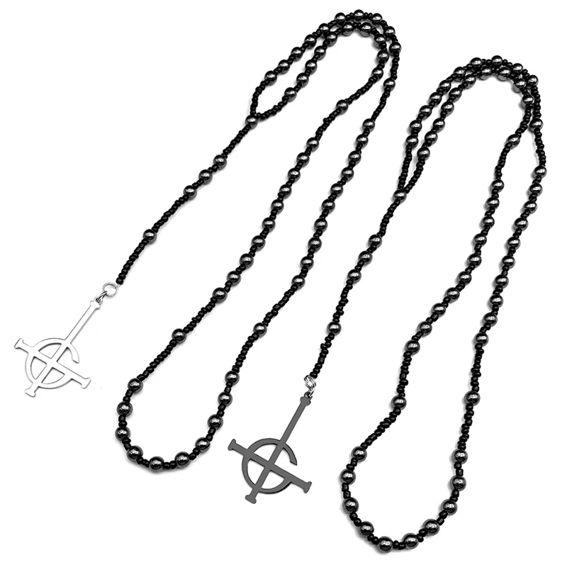 Vintage Ghost BC Nameless Lange Kette Damen Herren Edelstahl Schwarz Ghoul Band Papa Emeritus Symbol Rosenkranz Perlen Kette Schmuck – Detail 4
