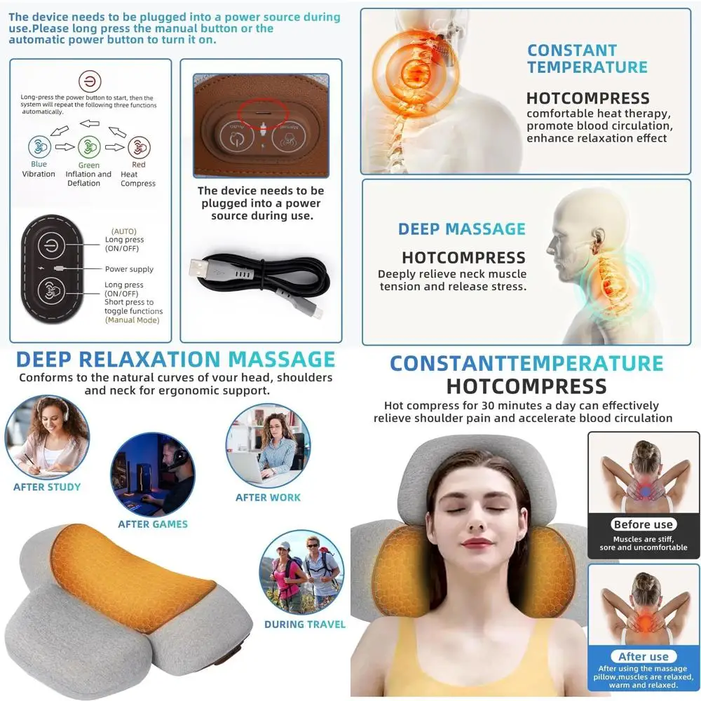 

Эргономичная подушка для поддержки шеи 3-в-1 с подогревом, тягой и пеной с эффектом памяти