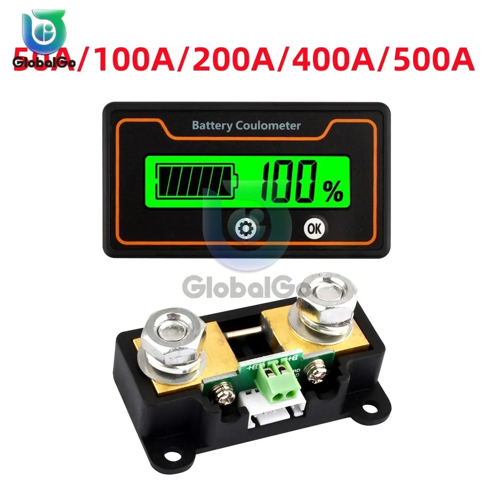 50A/100A/200A/400A/500 Battery Capacity Indicator 8-120V Voltmeter Coulometer with Shunt Lead Acid Lithium LiFePO4 Display Meter