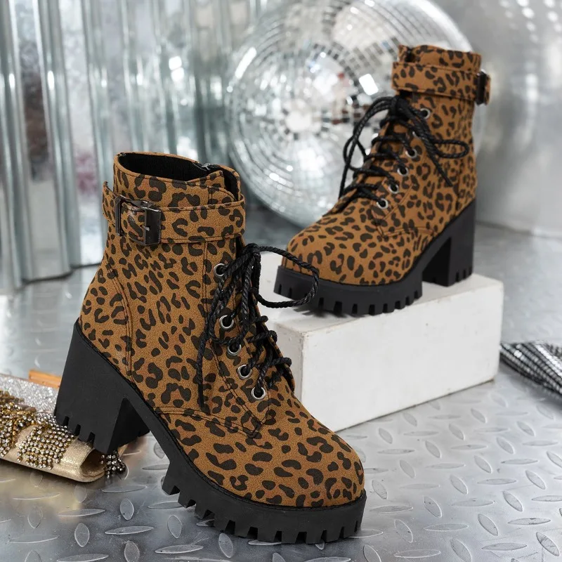 

2025 New Leopard Suede Block Heel Booties Fashion Round Toe Lace-Up Side Zipper Platform Non-Slip Wear-Resistant Heels