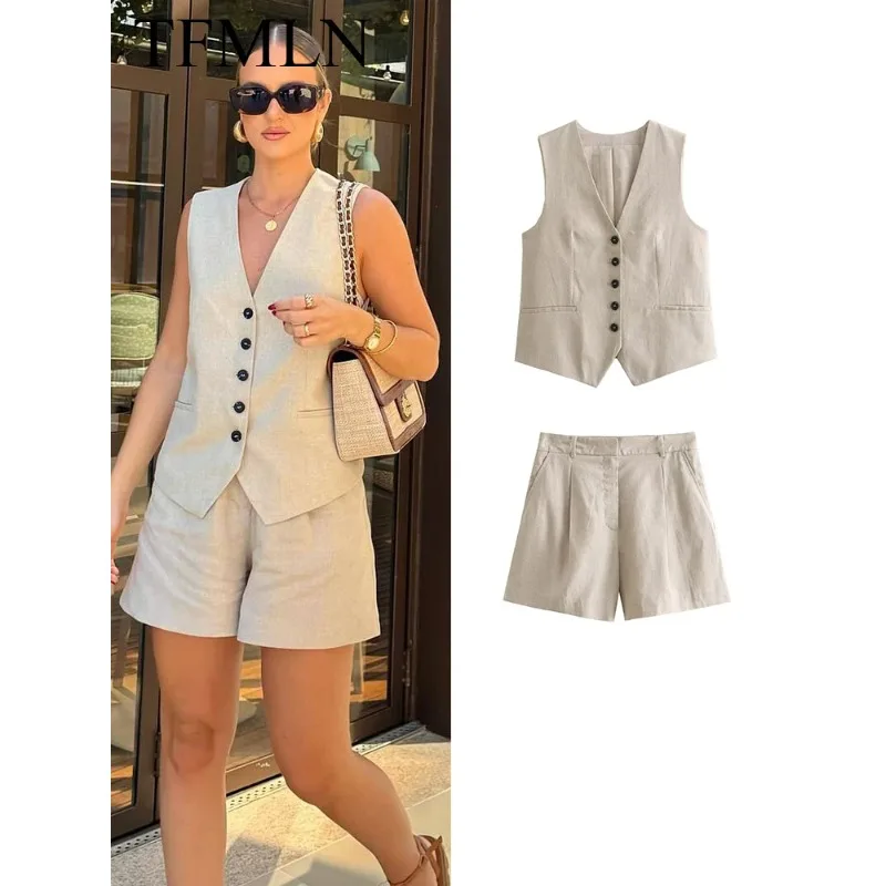 

Fashion Women Linen Shorts Sets 2024 Vintage Solid Single Breasted V Neck Waistcoat Tops Summer Office Lady Suits