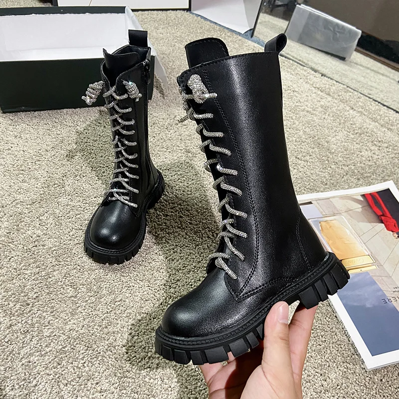 Autumn New Long Boots for Girls Fashion Kids Rhinestone Princess Shoes Warm Anti Slip Casual Cotton Boots Lace Up Children Shoes