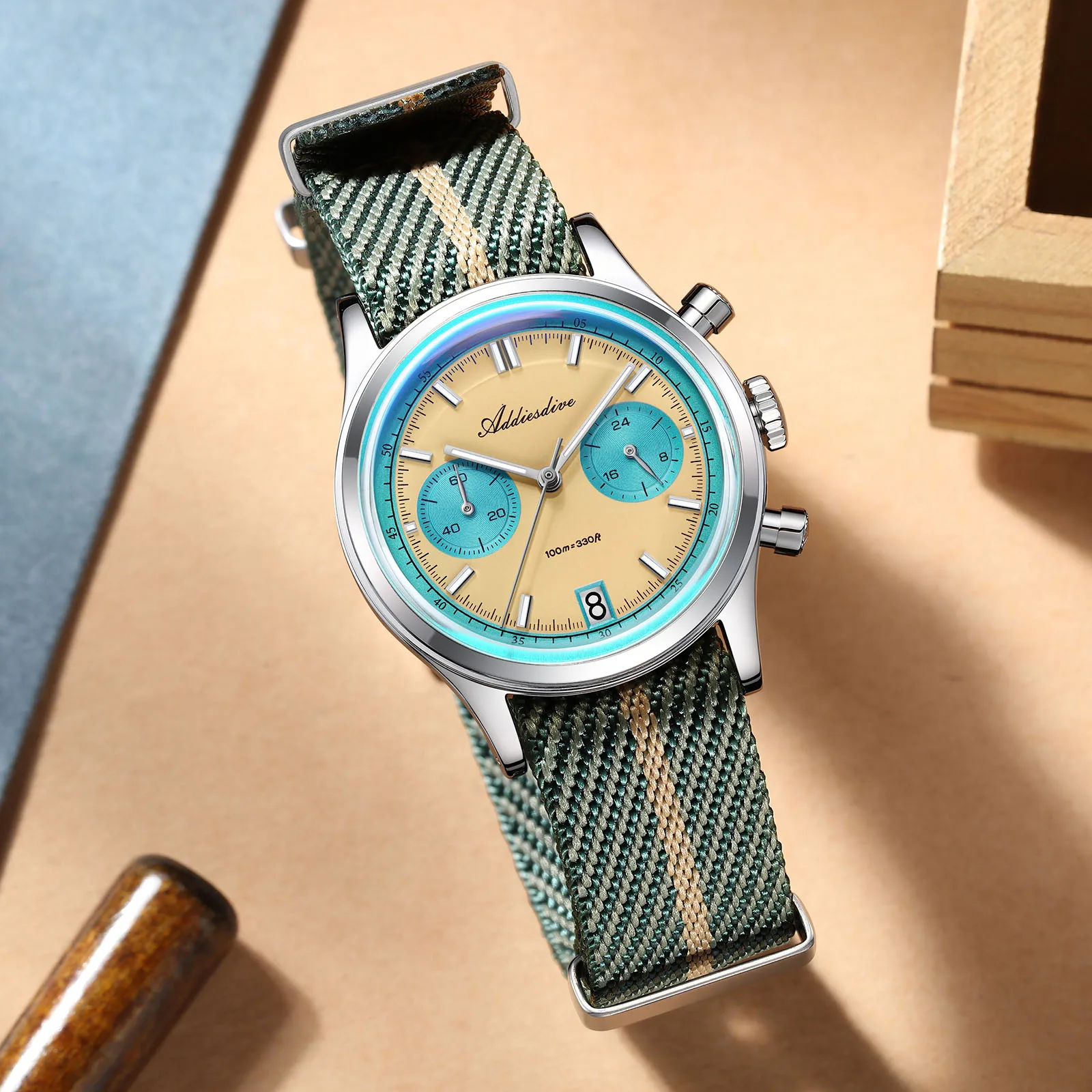 Addiesdive كرونوغراف ساعات كوارتز ريترو AD2095 فقاعة الزجاج القبة AR المغلفة ساعة اليد 100 متر مقاوم للماء مضيئة ساعة رجالي
