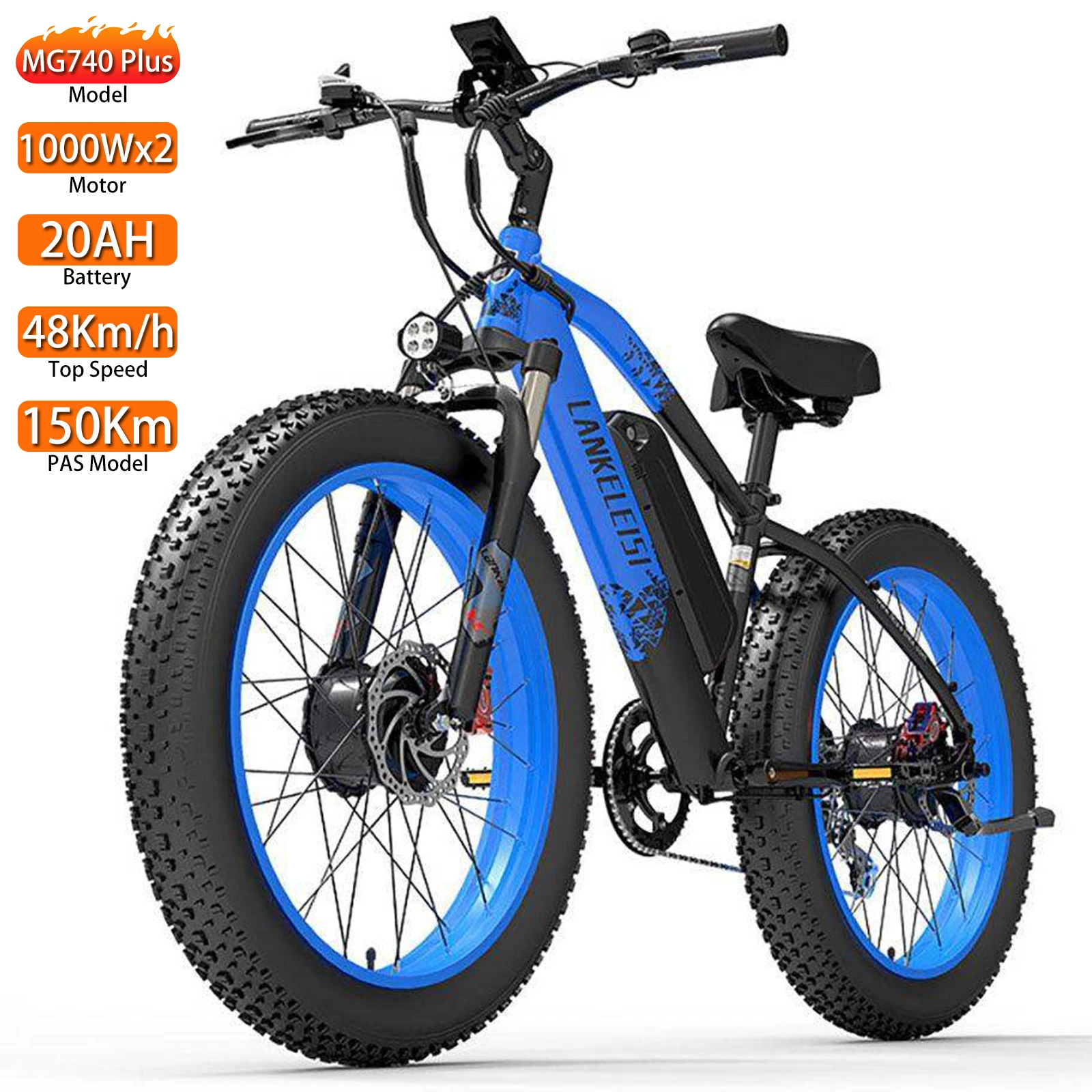 

Electric Bicycle Lankeleisi Mg740 26" 1000Wx2 Motor Adult E-Bike 48V 20AH Max Ranmge 150Km Load 150Kg Top Speed 30Mph