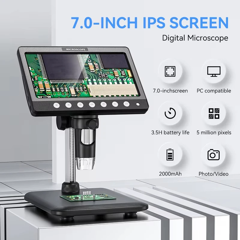 7.0Inch IPS Digital Coin Microscope 50-1200X Ultra-Precise Focusing Camera 1080P Video Microscope 8 LED Lights for Coin Circuit