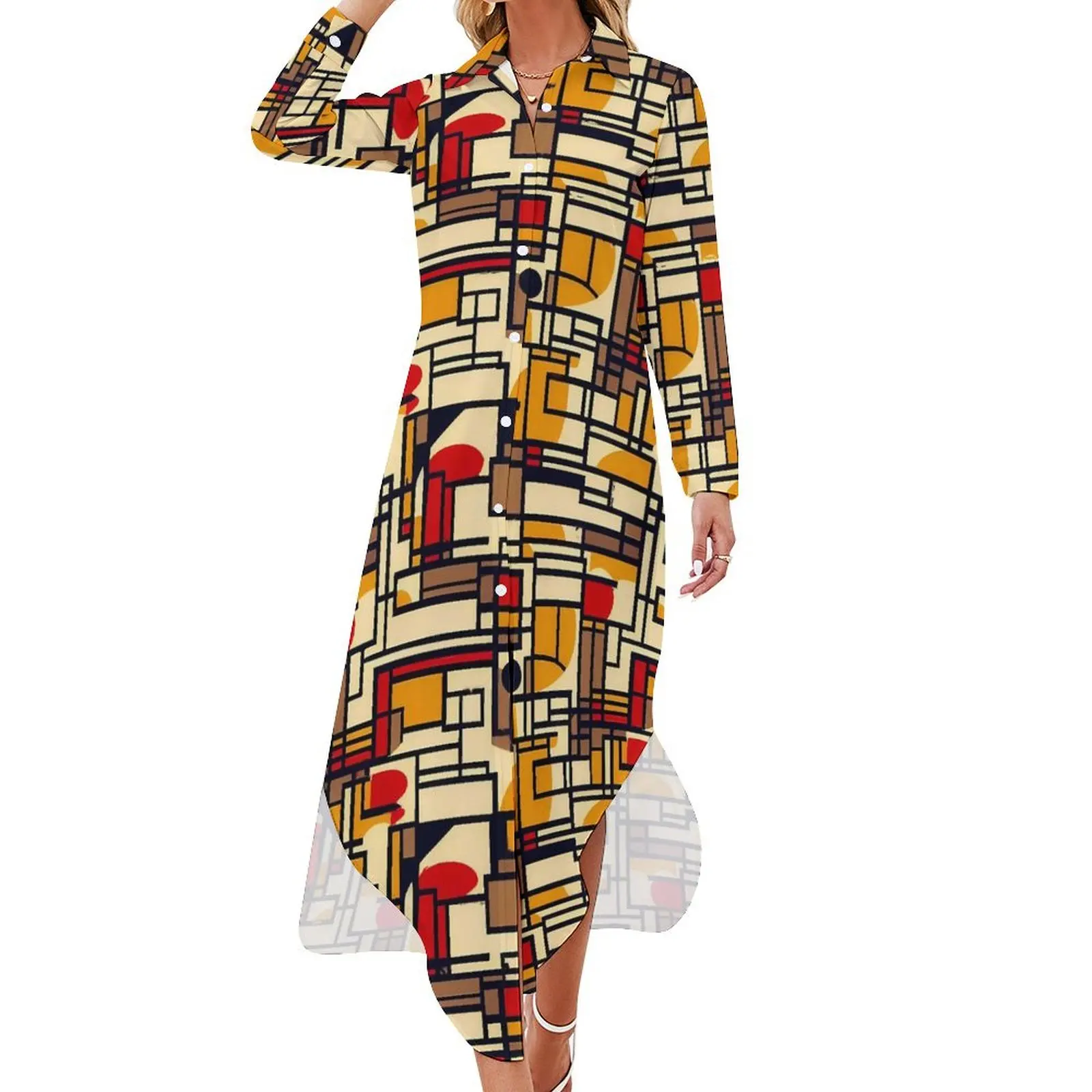 

Vintage Geometric Casual Dress De Stijl Street Style Dresses Long Sleeve Cute Female V Neck Custom Oversized Chiffon Dress