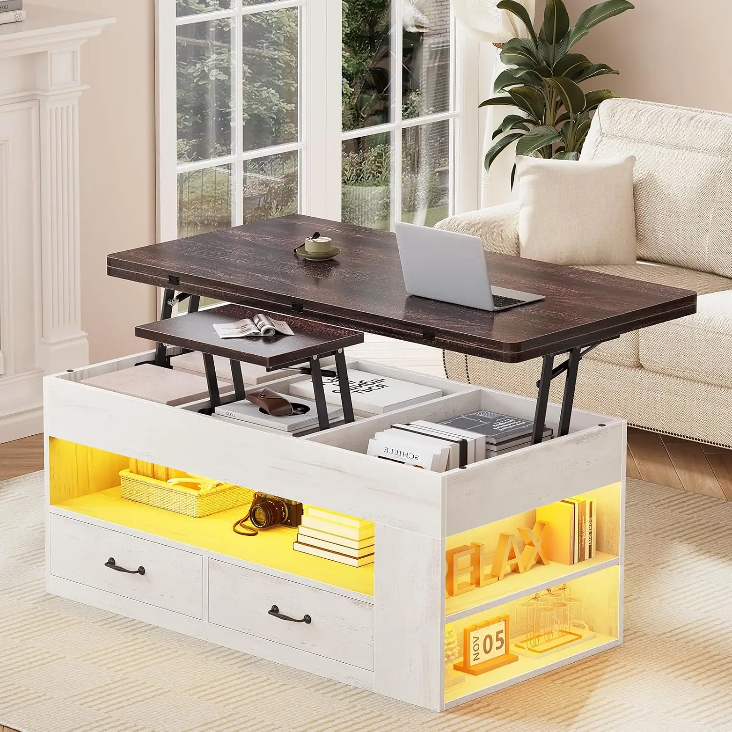 Lift Top Coffee Table, 4 In 1 Coffee Tables With Storage And Hidden Compartment, Farmhouse Coffee Table With 2 Fabric Drawers &