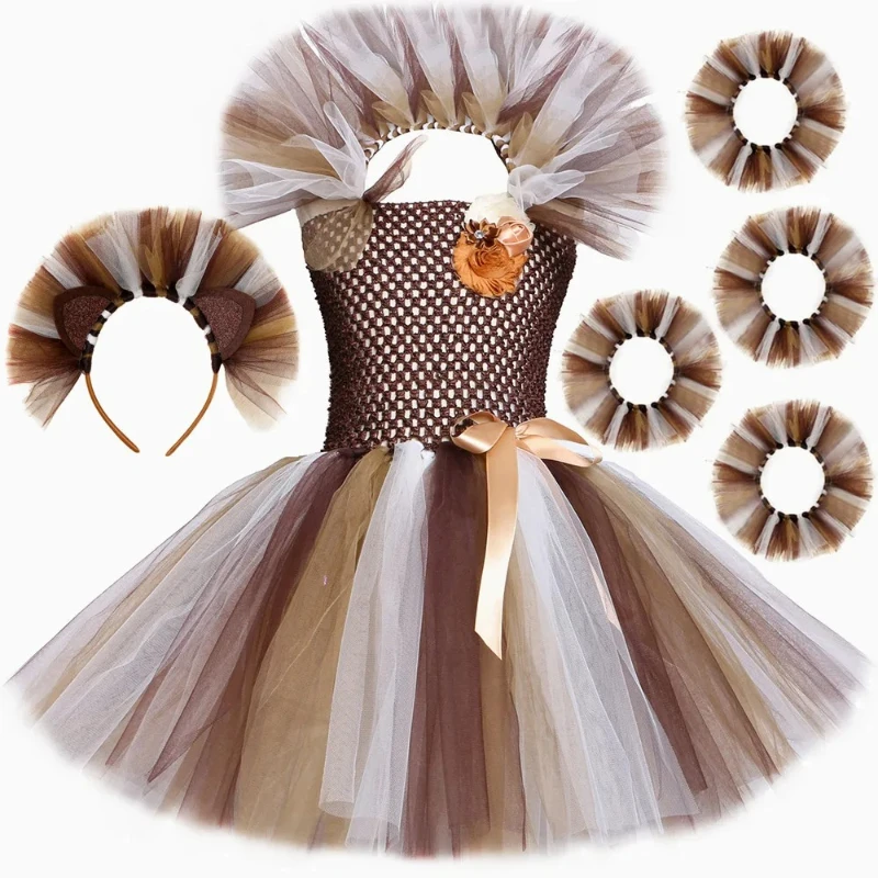 Brown Wild Lion Mane Tutu Dress for Girls Animal Themed King Lion Costume Kids Toddler Halloween Carnival Party Dress Up Outfits