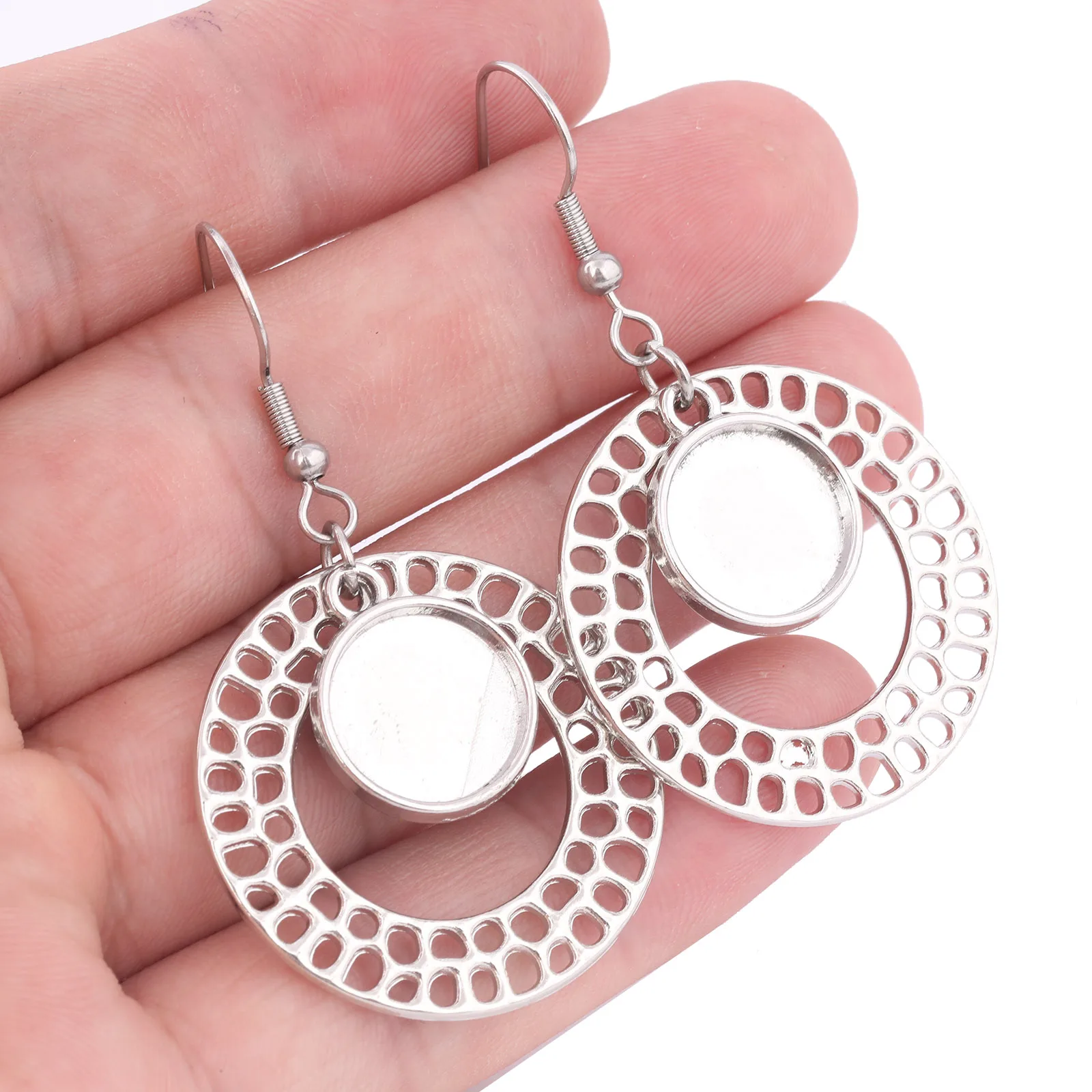 10pcs Hollow Circle Charm Earring Base Blanks Fit 12mm Cabochon Earrings Bezel Setting Trays Diy Hooks Findings