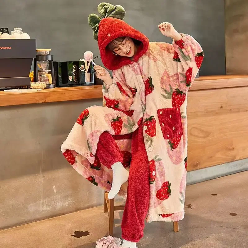 Kawaii Flannel 2024 Winter Kimono Nightgown Strawberry Cute Home Wear for Women Sleepwear Warm Bathrobe Cartoon Hooded Long Robe