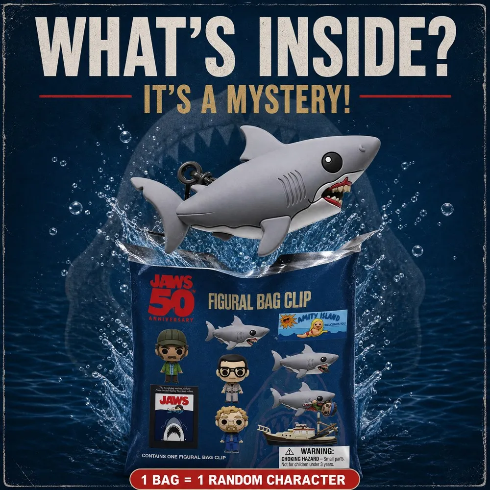 Jaws 50th Anniversary 3D PVC Bag Clip Keychain Blind Bag Mystery Box Movie Shark Chibi Doll Pendant Backpack Charm Full Case