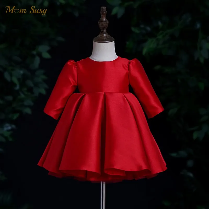 Baby Girl Princess Satin Dress Long Sleeve Child Vintage Big Bow Vestido Party Pageant Birthday Wedding Christmas Frocks 1-16Y