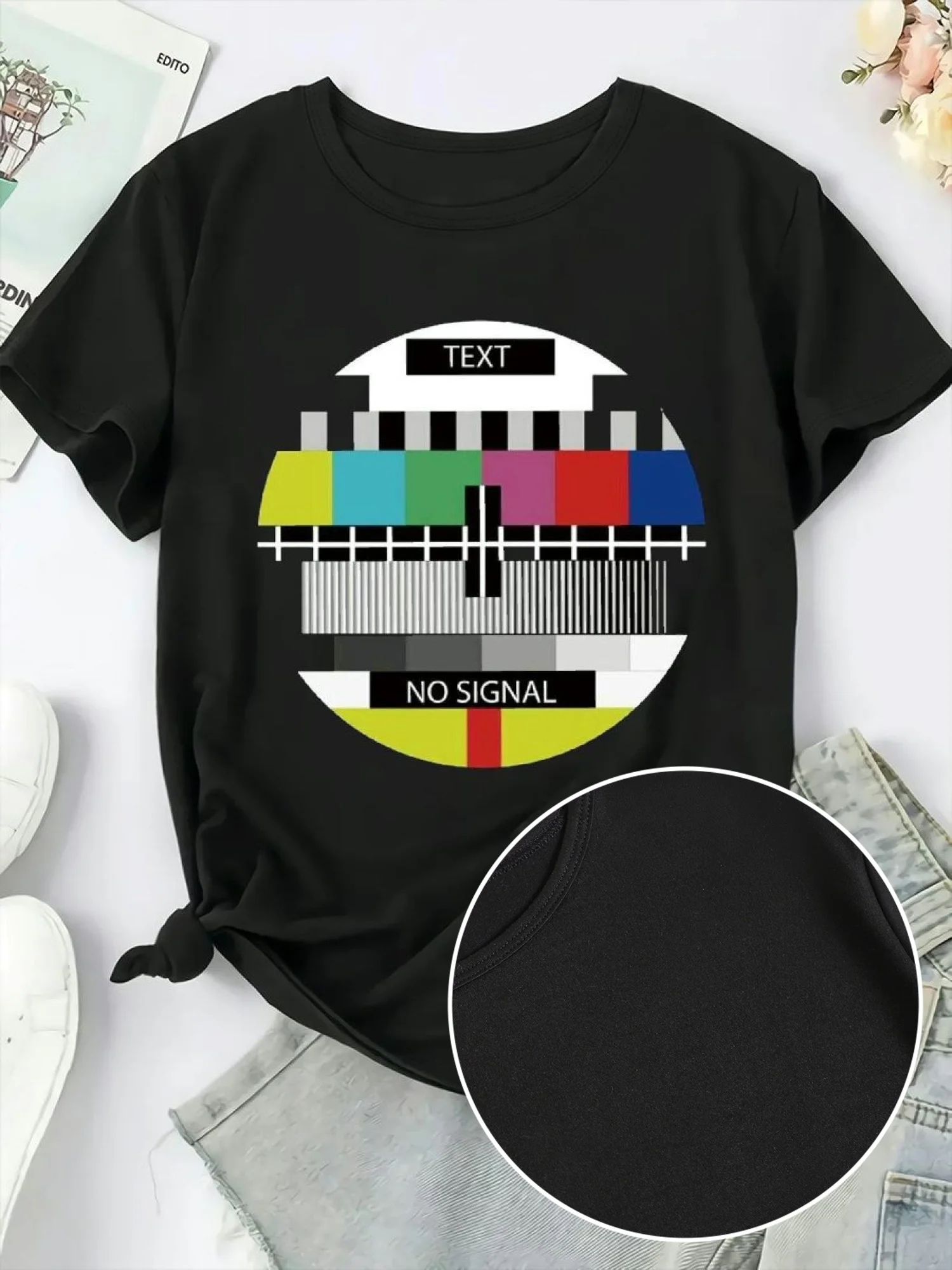 

Plus - Size Black Round Neck T - Shirt with 'No Signal' Television - inspired Print: Retro - tech and Nostalgic