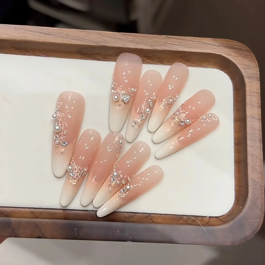 10 Stück lange Nägel zum Aufdrücken, französischer Stil, Spitze, Katzenauge, handgefertigt, DIY-Nagel mit Perle, Schleife, abnehmbarer Nagel für Frauen, Hochzeitsdekoration