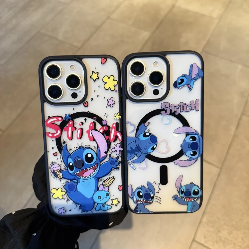 

Cute Cartoon Disneys Stitch Angel Magsafe Wireless Charge Phone Case For iPhone 12 13 14 15 16 Pro Max Stitch Magnetic Holder