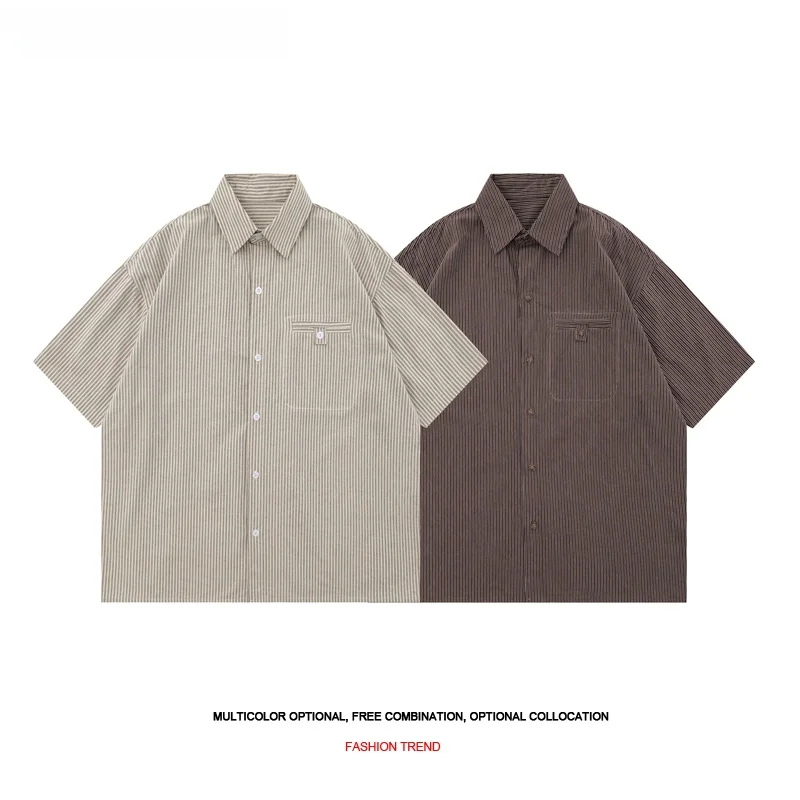 

Summer New Men's Casual Striped ort Sve irt Simple Turn-down Collar Vintage Japanese Sle Couple's Loose Fit Blouse