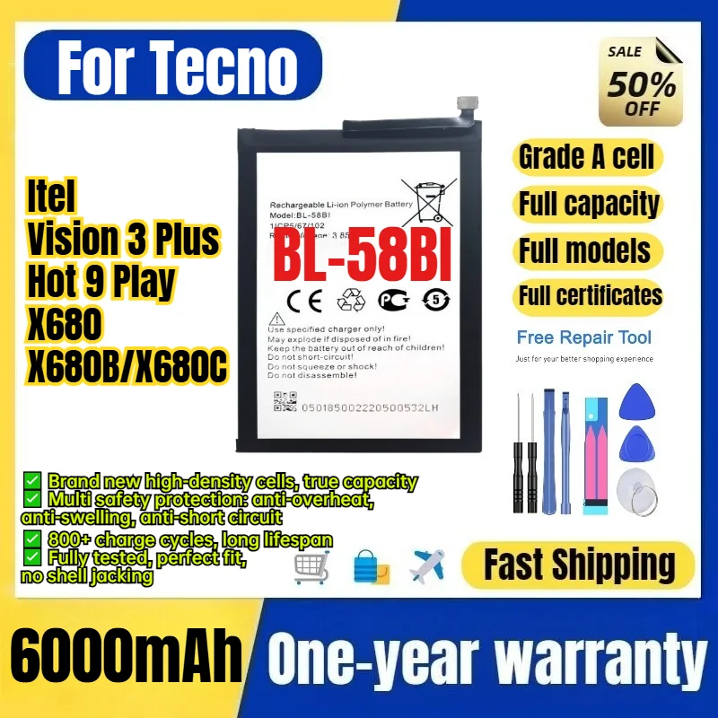 BL-58BI for Tecno Itel Vision 3 Plus/Hot 9 Play/X680/X680B/X680C Phone Battery 0 Cycle High Capacity Battery Replacement Bateria