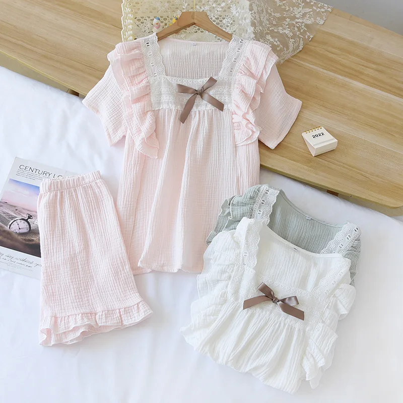 Japanese summer new short-sleeved shorts ladies pajamas set 100% cotton crepe solid color fresh home clothes two-piece set