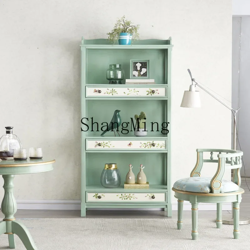 

SM Bookcase Vintage Painted Furniture Solid Wood Storage Display Shelf Floor Storage Cabinet with Drawers