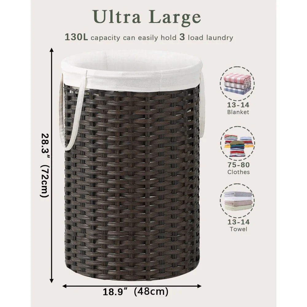 سلة غسيل كبيرة مستديرة من الخيزران مع بطانة قابلة للإزالة - سلة الروطان المنسوجة يدويًا لتخزين الغسيل المنزلي