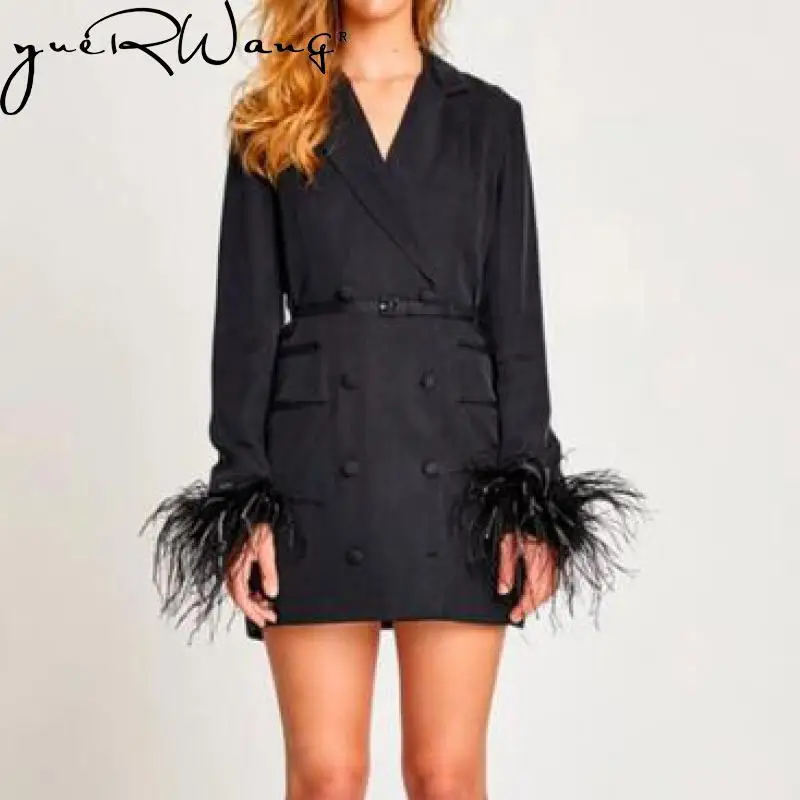 

Getspring Women Blazer coat Long Black Feather Blazer Jackets Belt Bandage Women Jackets Vintage Coats New Women Spring Top