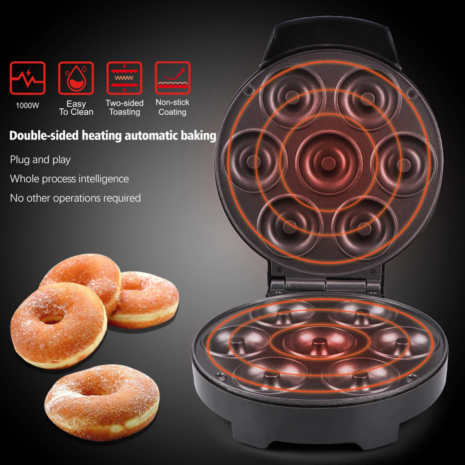 Donut Maker Nonstick 1000W Household Cupcake Machine Waffle Doughnut Machine for Bakery Commercial Use Desserts Breakfast