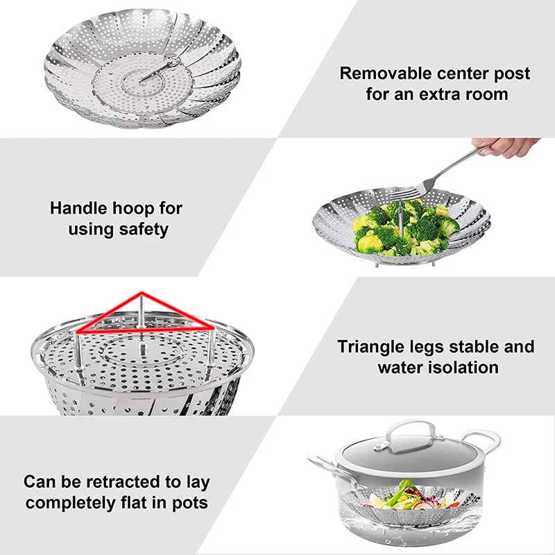 LMETJMA Expandable Stainless Steel Steamer Basket Vegetable Collapsible Steam Cooking Insert for Steaming food JT191