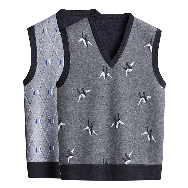 

New Mens Fleece Vest Knitted Sweater Vests V-neck Fashion Plaid Vests Pullovers Vintage Winter Fleece Lining Knitted Waistcoat