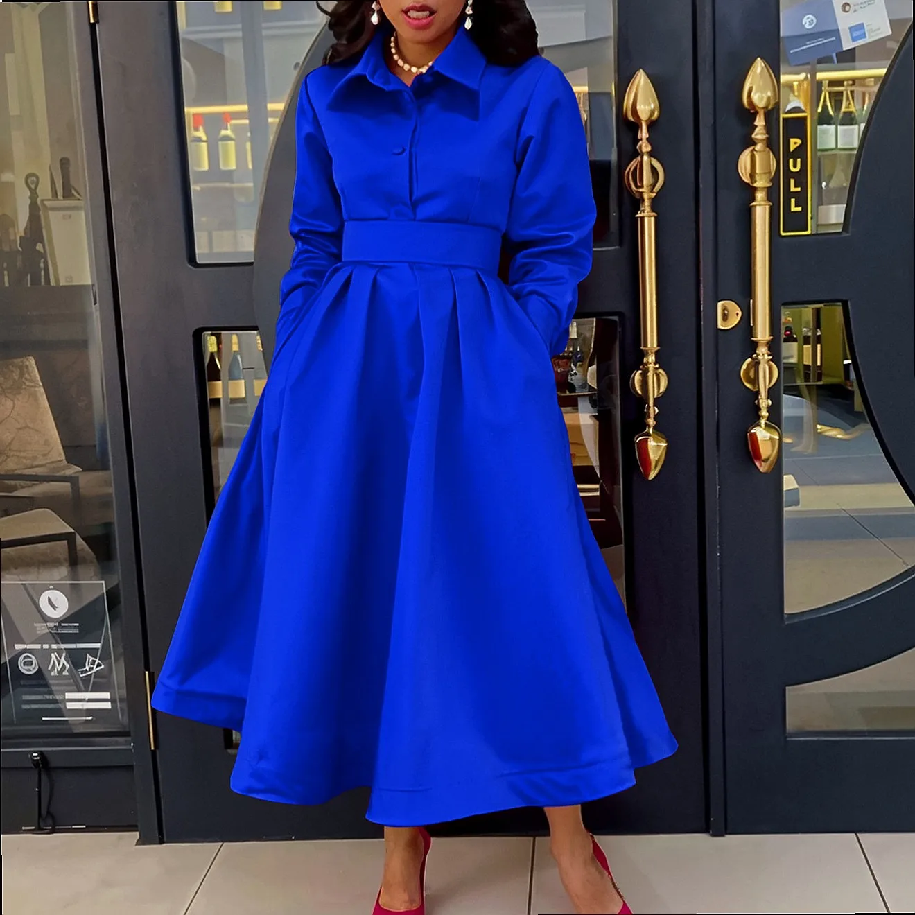 Elegant A-Line Dress with Turn-Down Collar Long Sleeve Solid Color Swing Dresses for Women Spring Summer
