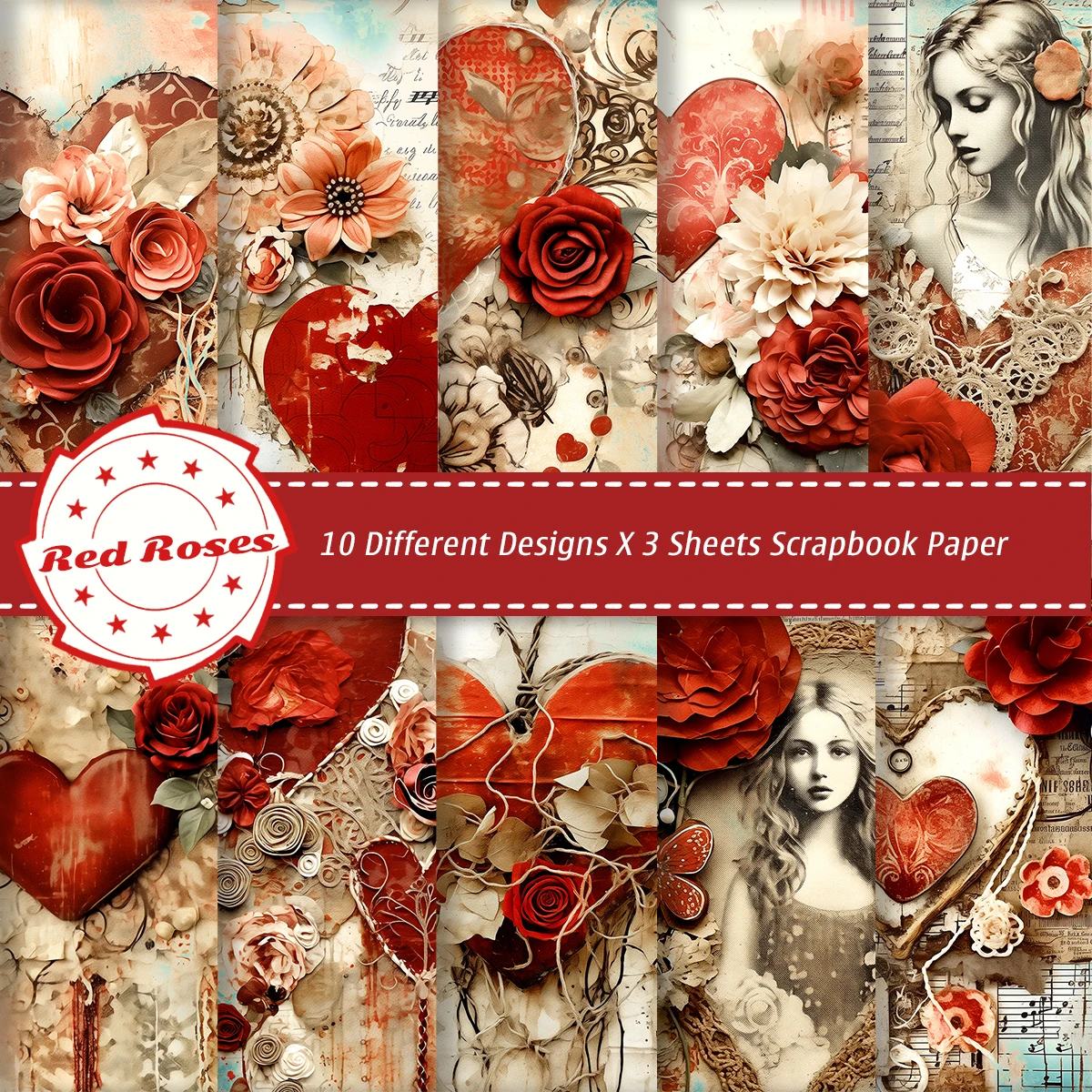 30 Blatt Bastelpapier der Vintage-Herz-Rosen-Serie, Papierpackung für die Kartenherstellung, DIY-Geschenkpapier, für Hochzeit, Valentinstag, Party-Dekoration